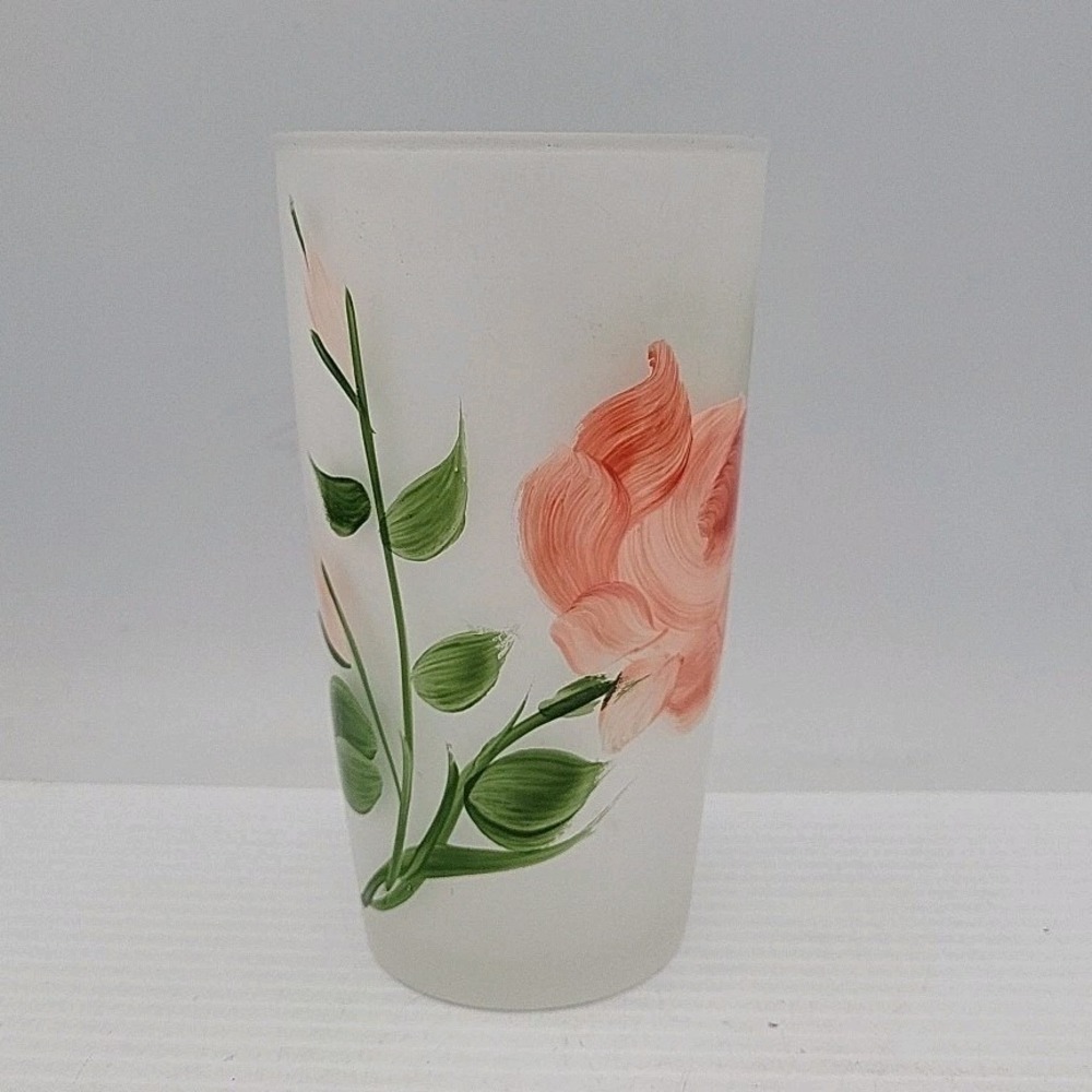 Vtg Frosted Drinking Glass‎ Handpainted Pink Flowers
